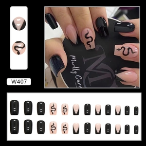French black snake pattern long square press-on nails set with matte and glossy finish