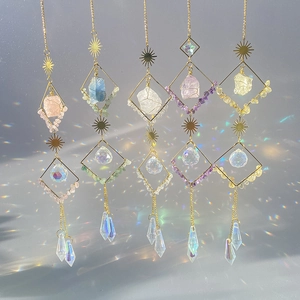 Crystal Suncatcher Hanging Ornament Natural Raw Stone Metal Moon Sun Geometric Rainbow Maker Window Garden Decoration