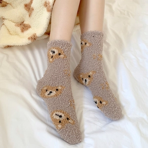 Cosy coral fleece socks with cute bear pattern, thick thermal winter home floor socks