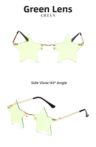 Detailed front and side views of green star shaped rimless sunglasses with gold temples