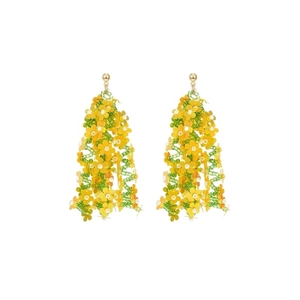 Handmade beaded flower dangle earrings in yellow and green with gold floral petal design