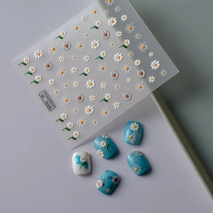5D embossed white daisy nail stickers TS-045 with realistic floral relief textures