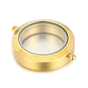 Gold stainless steel locket pendant with double-sided glass panels for DIY jewelry