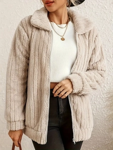 Women's elegant apricot fleece jacket with lapel and zipper in a vertical texture