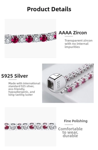 Detailed view of S925 silver tennis bracelet with red and white AAAA cubic zirconia stones