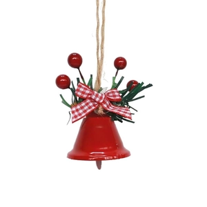 Red Christmas iron bell with holly berries and bow for festive home holiday decoration