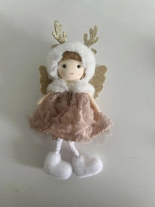 Detail of pink and gold reindeer doll ornament with lace skirt and glitter wings