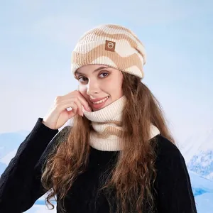 Women's 2-piece winter knitted hat and neck warmer set in stylish beige and tan tones