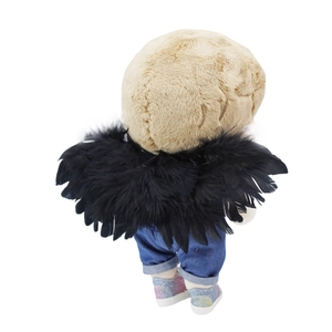 Detailed back view of plush doll featuring black feather wings and denim pants