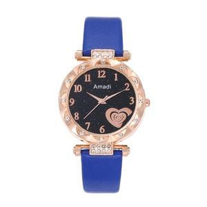 Women's quartz watch with royal blue leather strap and crystal rose gold case