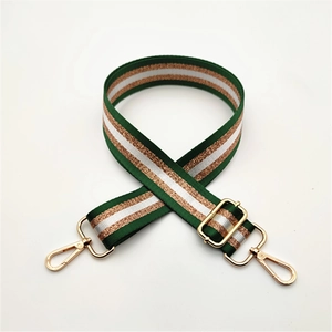 Bandoulière tissée réglable vert forêt, blanc et paillettes dorées avec mousquetons métal