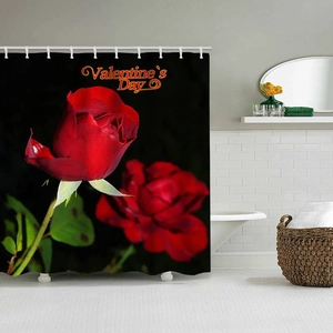 Detail of red rose and Valentine's Day text on waterproof polyester shower curtain