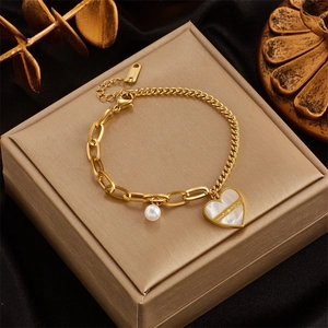 Heart Pendant Bracelet With Artificial Pearl Stainless Steel Gold Plated Asymmetric Chain Jewelry For Women