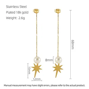 Detail showing 68mm long gold tassel earrings with pearl and star pendant dimensions