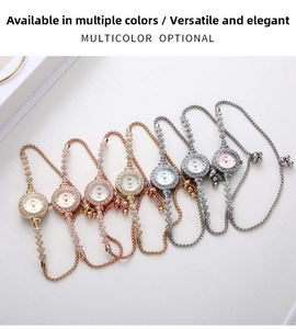 Close-up of elegant rhinestone quartz bracelet watches in gold, rose gold and silver
