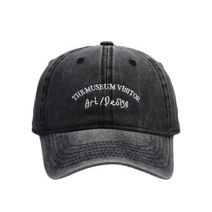 Street style washed charcoal baseball cap with white Art Design embroidery for men and women