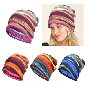 Slouchy Beanie Hat Colorful Striped Polyester Knit Breathable Soft Casual Outdoor Skull Cap For Men Women