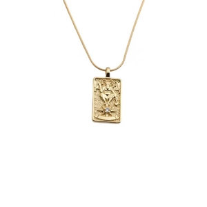 Gold rectangular devil pendant necklace with zircon stone on minimalist chain