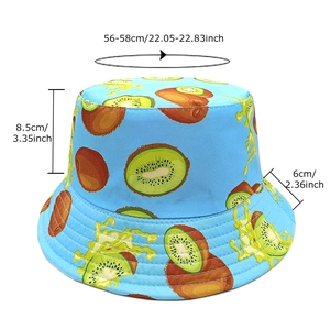 Light blue reversible kiwi fruit print bucket hat with 56-58cm head circumference
