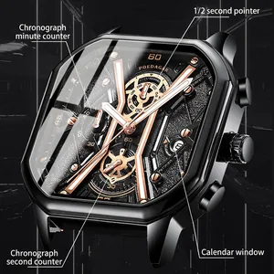 Men Quartz Watch Square Case Luminous Waterproof Chronograph Business Sport Fashion Wristwatch Leather Steel Strap