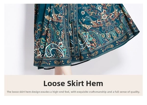 Detailed close-up of ethnic paisley print on a navy blue flowing maxi dress hemline