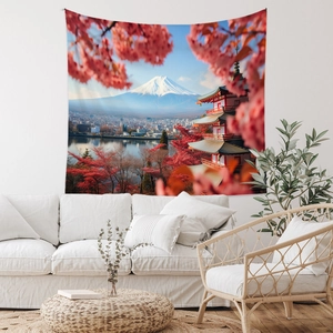 Detail view of Japanese tapestry with Mount Fuji and cherry blossoms in a cozy room