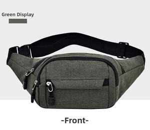 Front view of green outdoor waist bag featuring durable polyester and adjustable strap