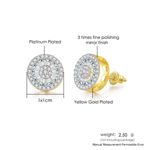 Round iced-out hip hop stud earrings with micro-paved zircons in gold and silver plating