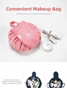 Detail view of large capacity waterproof drawstring makeup bag in pink and navy blue nylon