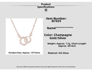 Close-up of interlocking double ring necklace in 925 sterling silver with zircon details