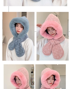 Detailed view of the winter hooded scarf set with plush trim and knit dot texture