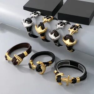 Men Anchor Bracelet Vintage Punk Genuine Cowhide Leather Woven Stainless Steel Clasp Nautical Marine Style