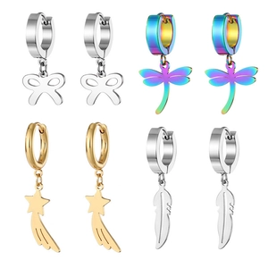 Punk style stainless steel hoop earrings featuring bowknot, dragonfly, star and feather charms