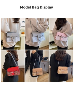 Collage of model wearing chain strap crossbody bags with floral patchwork and metal lock