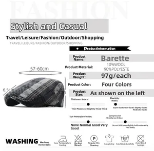 Size chart for wool blend newsboy cap with 57-60cm circumference and washing guide