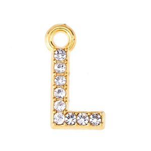 Detailed view of a gold letter L pendant with sparkling rhinestones and a hanging loop