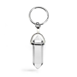 Macro shot of minimalist hexagonal clear crystal pendant attached to a silver metal keychain