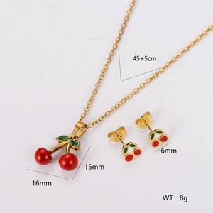 Detailed specs of gold cherry necklace and earrings set with dimensions and weight info