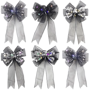 Halloween LED Glowing Bow Black Gauze Silver Skull Pattern Hanging Ornament For Door Wall Party Atmosphere Decoration