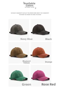 Detail view of washed cotton baseball caps in six colors with vintage distressed finishes