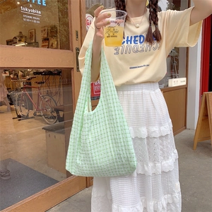 Women Large Capacity Tote Bag Plaid Grid Pattern Waffle Texture Fabric Casual Shoulder Bag For Shopping School