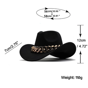 Size specifications for black wool felt fedora hat featuring a bold gold chain band