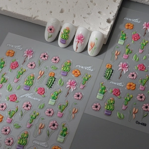 Exquisite 5D relief cactus and flower nail art stickers with vivid 3D embossed textures