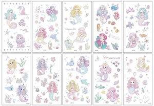 Detail of 10 glitter mermaid and ocean life temporary tattoo stickers for children