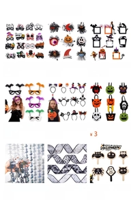 Sammlung von Halloween-Zubehör mit Kürbisbrillen und Fledermaus-Stirnbändern für Partys.