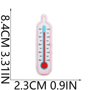 Detailed thermometer embroidered patch with colorful stitching and size measurements