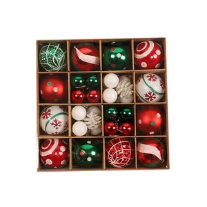 Christmas tree ornament set with red, green and white festive decorative balls in a box