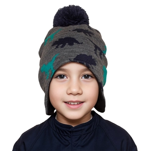 Kids Baby Knitted Earflap Hat Winter Warm Fleece Lined Dinosaur Jacquard Beanie Pom Pom Outdoor Toddler Boys Girls