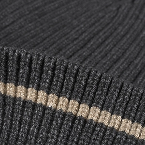 Thick black rib-knit winter beanie for men and women featuring a khaki stripe detail