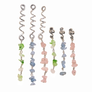 Silver spiral hair charms with green, blue, and pink stone beads for dreadlocks